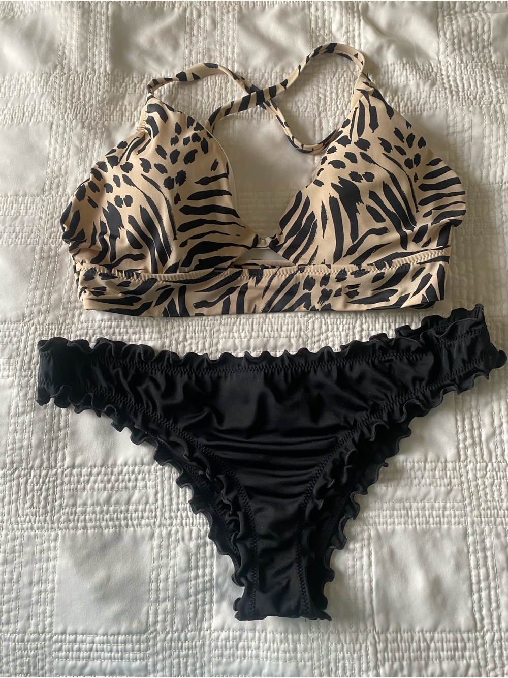Shade & Shore Beige Animal-Print Triangle Bikini Top with Black Ruffle Bottoms